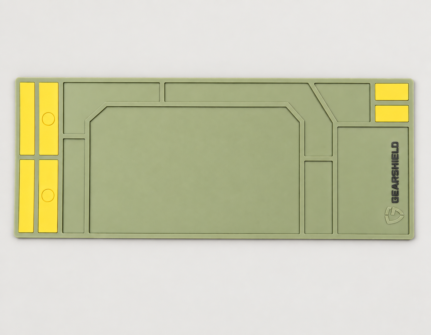 Tapis de nettoyage Gearshield vert olive et jaune, vue à plat sur fond gris clair